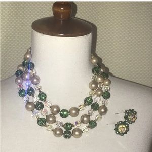 Lisner Vintage Necklace Clip Earring Set Costume  Aurora Borealis Crystal Pearl